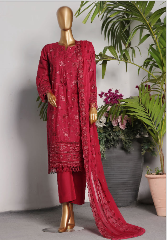 Cross Slub with Chiffon Embroidered Dupatta