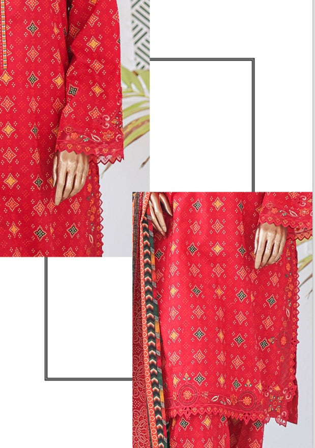 Summer Cutwork Embroidery 3 Piece - RED