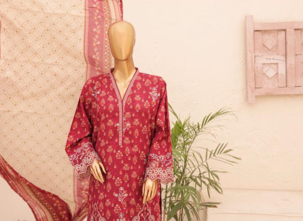 Eid Tara Bagh Exclusive Chicken Kari 3 Piece Lawn Wear - MAROON