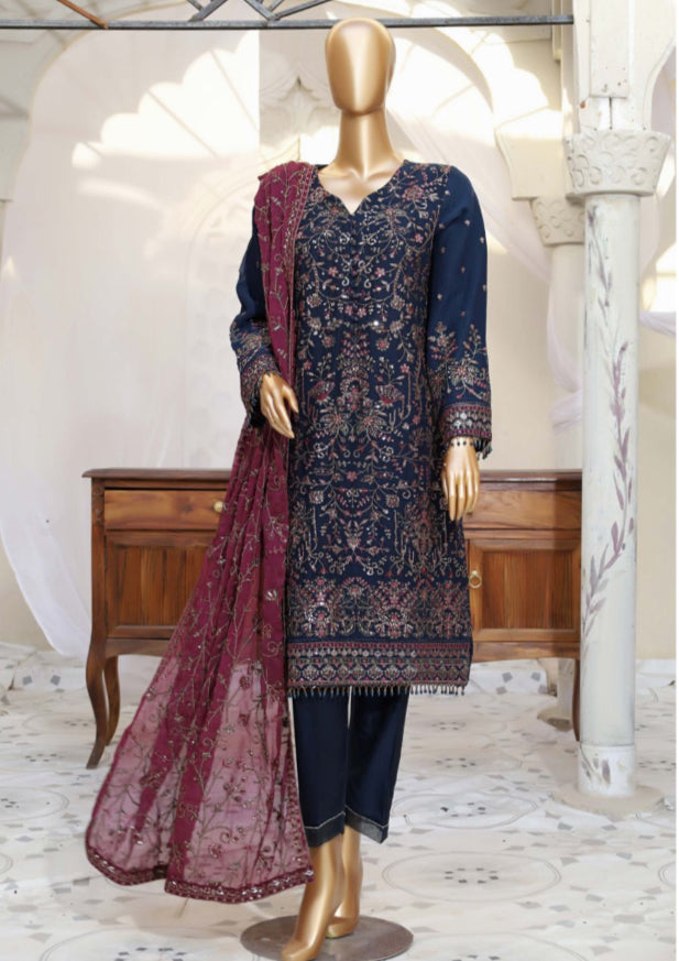 Luxury 3 Piece Lawn with Embroidered Chiffon Dupatta - DARK BLUE