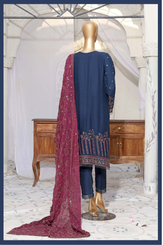 Luxury 3 Piece Lawn with Embroidered Chiffon Dupatta - DARK BLUE