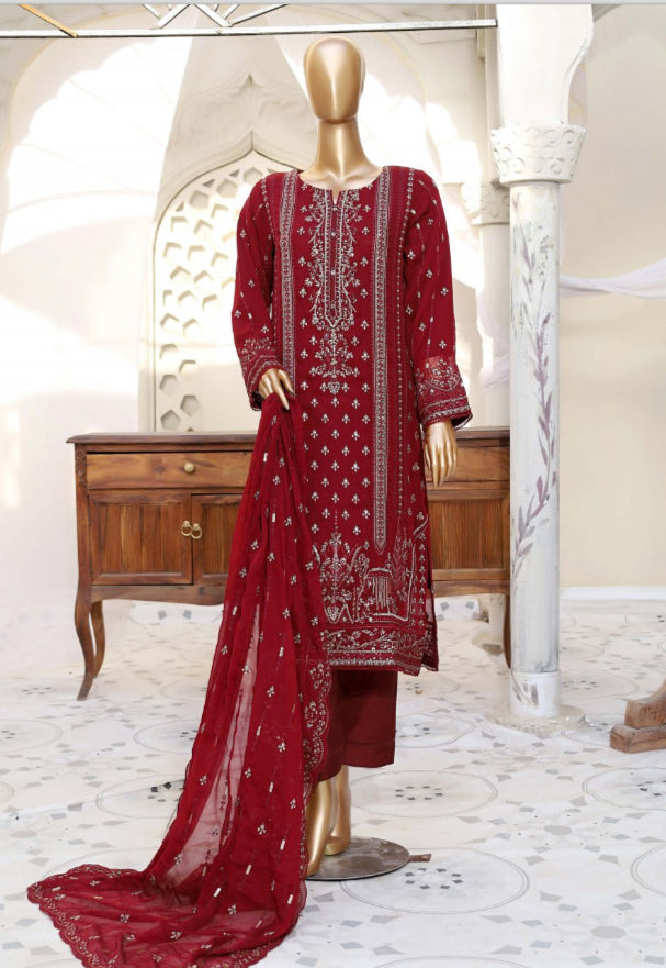 Luxury 3 Piece Lawn with Embroidered Chiffon Dupatta - RED