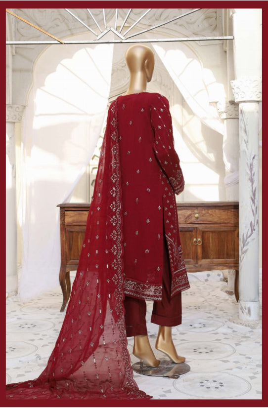 Luxury 3 Piece Lawn with Embroidered Chiffon Dupatta - RED