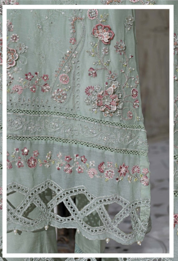 Luxury 3 Piece Lawn with Embroidered Chiffon Dupatta - PASTEL GREEN