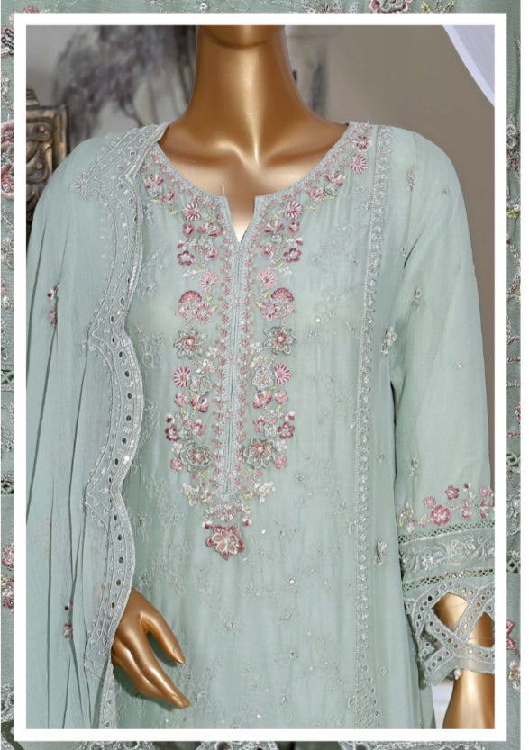 Luxury 3 Piece Lawn with Embroidered Chiffon Dupatta - PASTEL GREEN